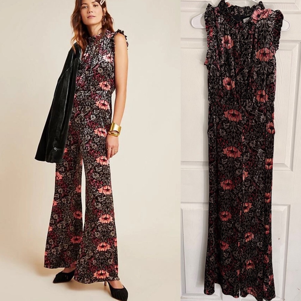 Ali & Jay Etienne Velvet Jumpsuit XSP Black Floral Ruffle Wide Leg Anthropologie